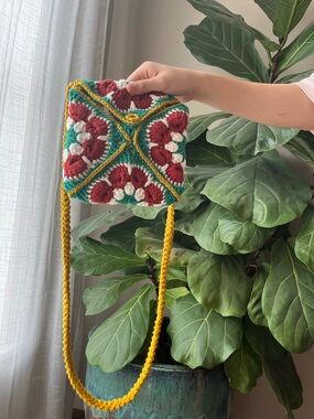 Handmade Crochet Square Crossbody Bag in Mustard, Teal & Burgundy